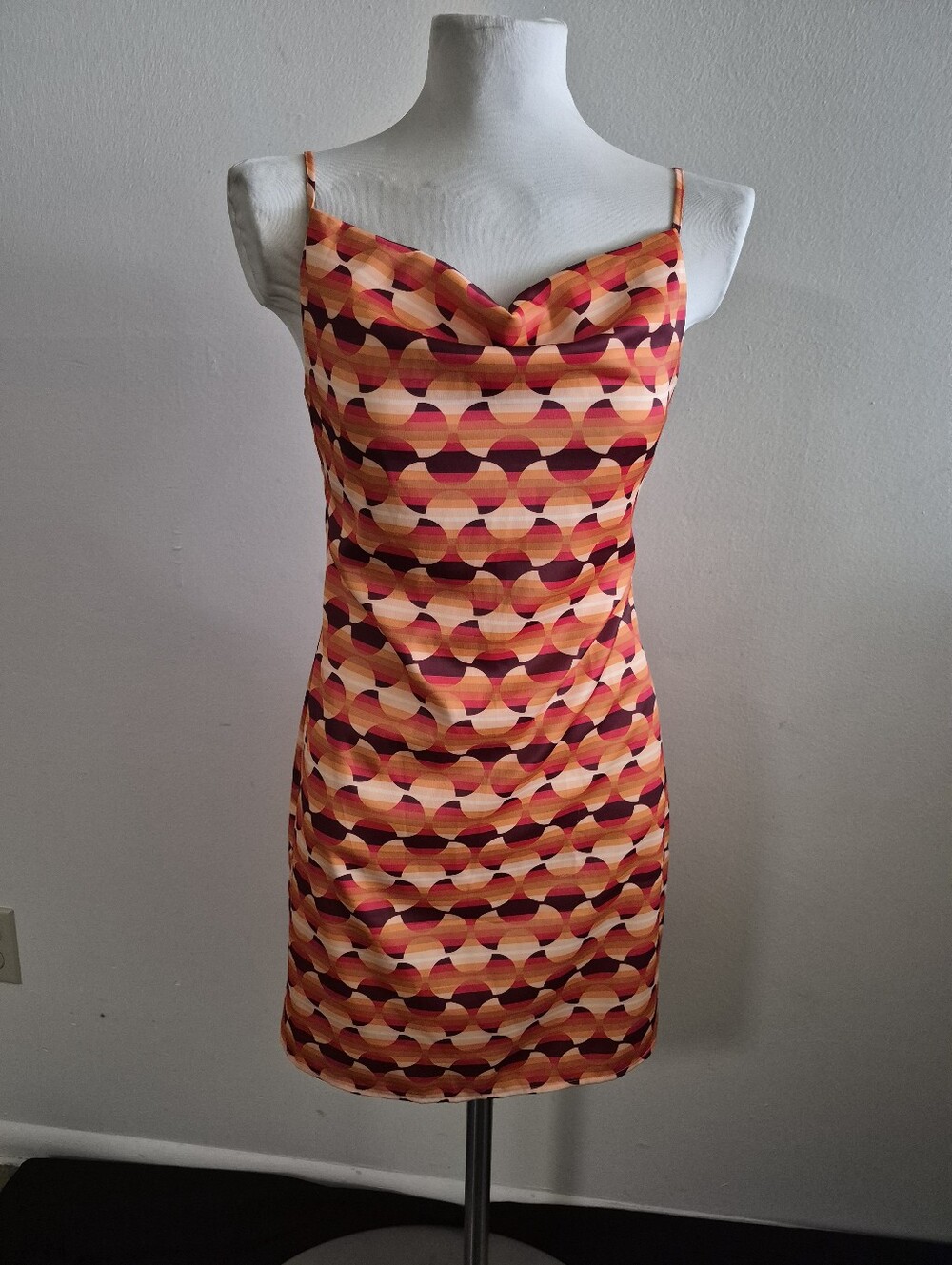 S) NWT Urban Outfitters Printed Mallory Cowl Slip Mini Dress 70s Print 90s Cut